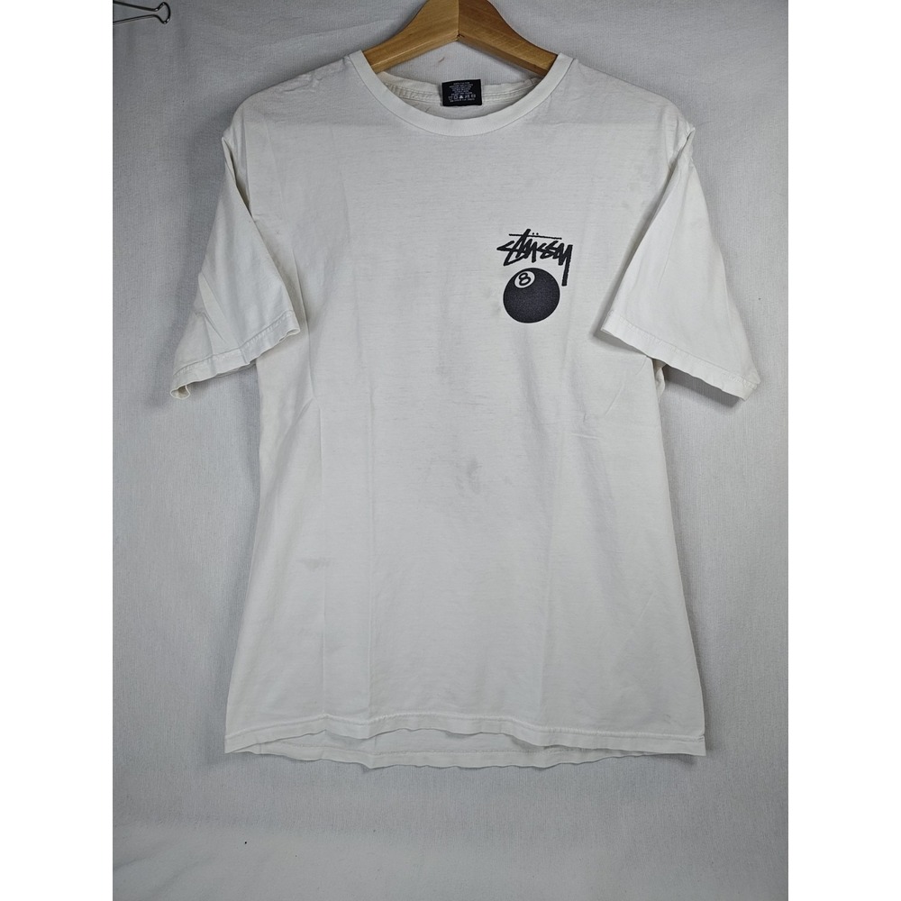 Vintage Stussy 8 Ball Men's M T-Shirt White Made in Mexico Double Sided Graphic